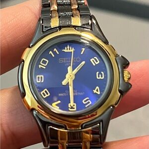 Seiko quartz women’s watch with a blue dial and a two-tone bracelet